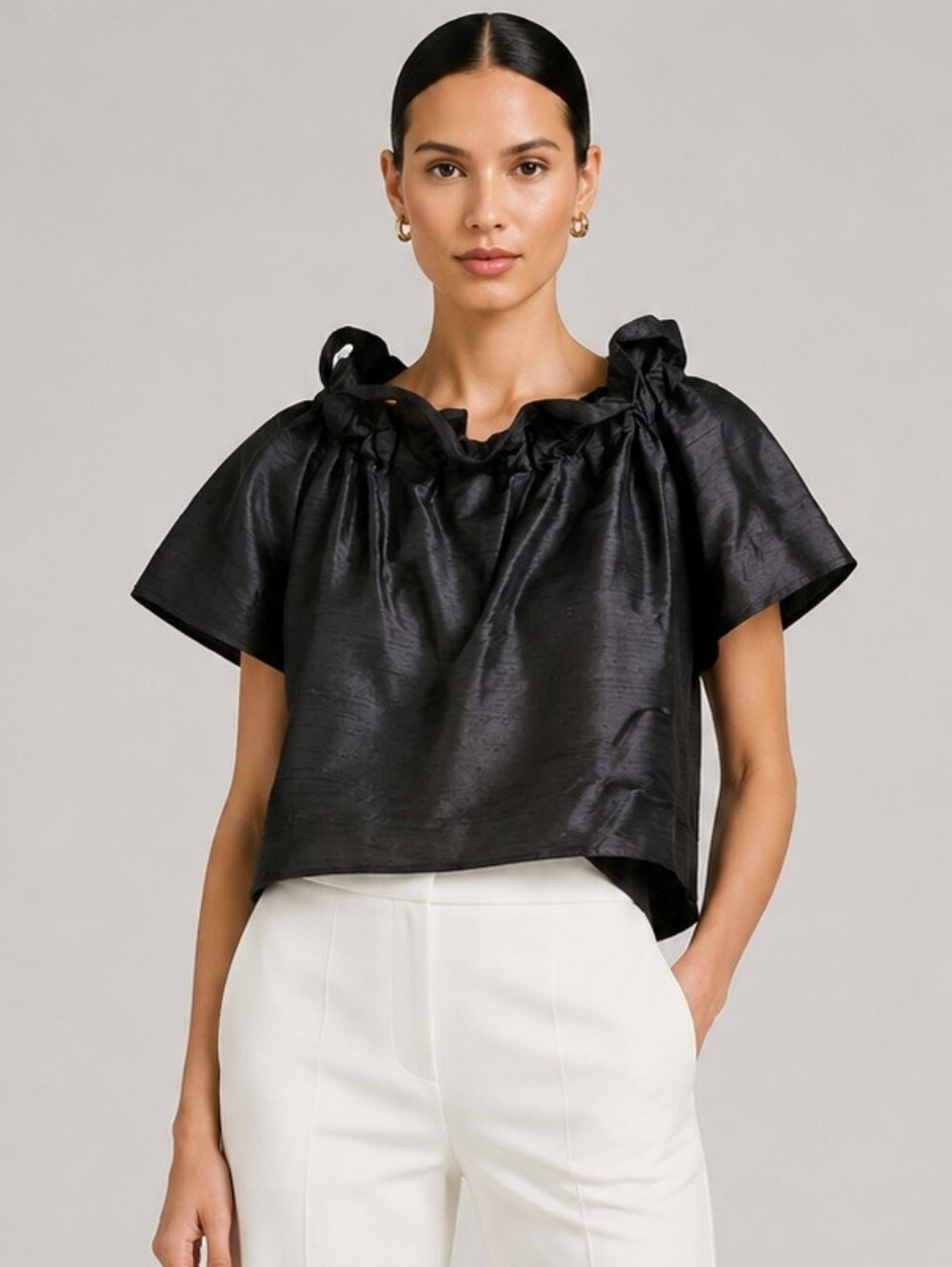 Hello Dobson Blouse Silk Doponi off shoulder Black top